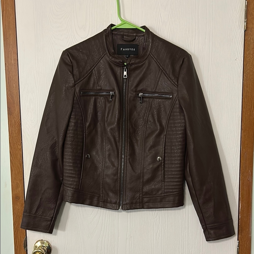 FAHSYEE Women's Brown Faux Leather Jacket